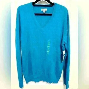 NWT Kim Roger's Woman's Long Sleeve V-Neck Pullover Sweater Teal Size cable knit